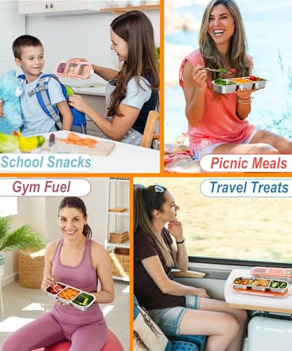 KTKUDY 3 Pack Stainless Steel Snack Containers for Kids & Adults - Large - Leak-Proof 3-Compartment Stackable Snack Lunch Boxes for Daycare, School, Work & Travel - size: 3 Pack-3 Sections
