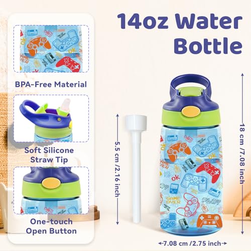 Game 14oz Kids Water Bottle with Straw - Leakproof BPA-Free Plastic Pop-Up Spout, Reusable Leak Proof Travel Bottle for Gaming & Outdoor Sports - color: 1Game