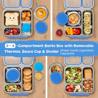 Pawtong Stainless Steel Bento Box Kids Adult with 7oz Insulated Food Jar, Transparent Lid Metal Lunch Box With Soup Thermal Jar, Lunch Box Container with Removable Divider & Sauce Cup School (Blue) - color: Blue