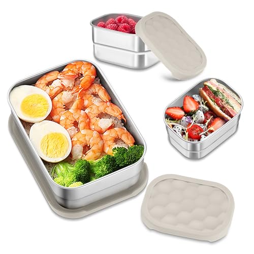 HaWare Stainless Steel Lunch Box Containers for Kids, Leak Proof Food Storage Containers with Khaki Silicone Lids, Easy Open Bento Box for School and Daycare, Portable Metal Snack Box (8oz*2+25oz) - color: Khaki, size: 8oz×2+25oz×1