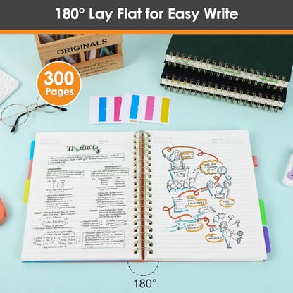 Hardcover Spiral Notebook with Dividers Tabs, 300 Pages 8"x10"(B5) Leather 5 Subject Notebook, Large Journal for Work School Note Taking, Journal for Women, Pink - color: 1-pink