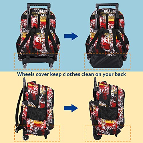 seastig Rolling Backpack for Girls and Boys Wheeled Backpack for Kids 18 inch Double Handle Backpack with Wheels Children Luggage Bag - color: Football Black