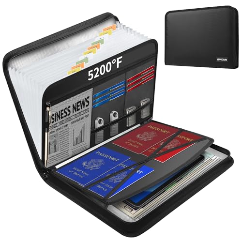 JUNDUN 5200℉ Fireproof Document Organizer, Multi-Pockets Accordion File Organizer with Zipper & Labels, Upgraded Heat Insulated 13 Pockets Expanding File Folder for Letter A4 Files and More