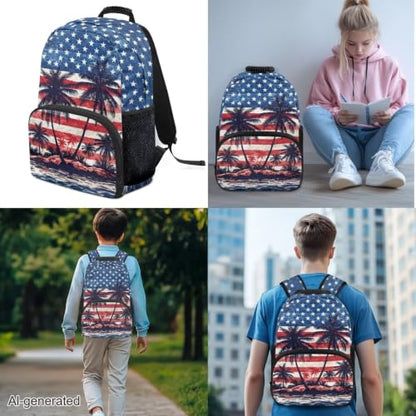 American Flag Coconut Tree 3PCS Kids Backpacks for Teen Girls Boys, 17 Inch School Bookbag Set with Lunch Bag Pencil Case 3 in 1 Lightweight Daypacks for Middle High School Students - color: American Flag Coconut Tree