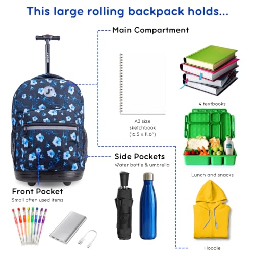J World Sunrise Kids Rolling Backpack with Wheels for Girls Boys, Roller Bookbag for School, 18 x 13 x 9 Inches, Night Bloom - color: Night Bloom