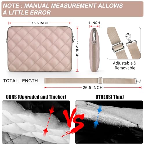 Puffy Quilted Laptop Sleeve with a Removable Shoulder Strap Compatible with MacBook Air 15 inch M2 A2941 2023/Pro 15 A1990 A1707, 15 Surface Laptop 5/4/3,Dell XPS 15,HP Stream 14 inch - color: Sleeve - Khaki, size: 15 inch