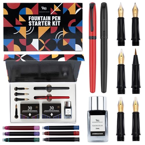 Wordsworth & Black Fountain Pen Set for Beginners, Calligraphy Kit, Black | Brush Pen + 5 Nibs, 60 Ink Cartridges + Ink Bottle, Converter, Writing & Journaling, Gift for Men & Women, Refillable - color: Red and Black