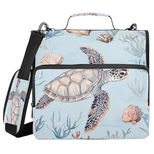 3 Ring Zipper Binder Watercolor Sea Turtle Binder Organizer Portfolio with File and Shoulder Strap & Handle Large Capacity File Folder - color: Sea Turtle