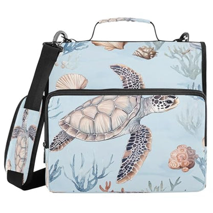3 Ring Zipper Binder Watercolor Sea Turtle Binder Organizer Portfolio with File and Shoulder Strap & Handle Large Capacity File Folder - color: Sea Turtle