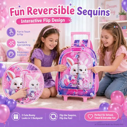 3Pcs Rolling Backpack for Girls, Kids Roller School Backpack with Wheels, Bunny Wheeled Bookbag for Elementary Preschool Kindergarten(Pink) - color: Pink Rabbit