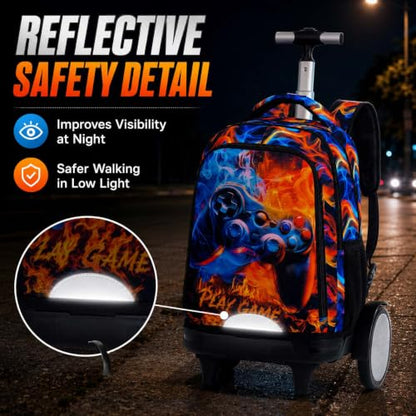 KLFVB Big Quiet-Glide Wheels Rolling Bookbag, 3-in-1 Wheeled Backpack Set with Lunch Bag | Water-Resistant Roller Bag for Boys, School, Travel, Play - Flame Game Controller - color: Rolling Backpack with Big Wheels - Flame Game