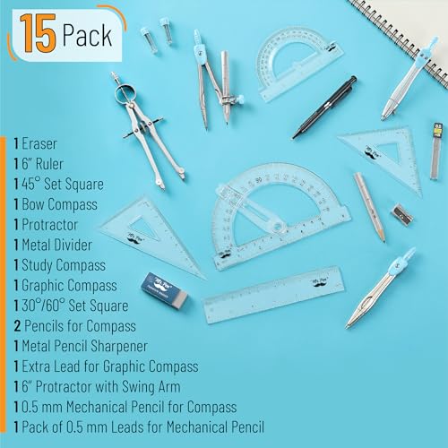 Mr. Pen- Geometry Set, 15 pcs, Light Blue, 6 Inch Swing Arm Protractor | Divider, Set Squares, Ruler, Compasses and Protractor - color: Light Blue