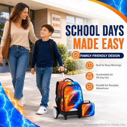 gxtvo Large Wheels & Quiet Glide | Rolling Backpack for Kids - Water-Resistant Wheeled Bag with Lunch Box for School, Travel & Outings - Fire & Lightning Rugby - color: Rolling Backpack Fire Lightning Rugby