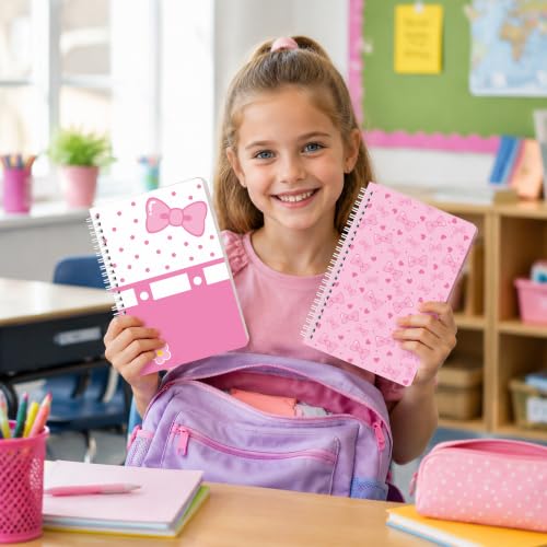 Hello Pink Cat Spiral Notebooks - 2 Pack Cute Pink Bow Design A5 College Ruled Journal with 50 Sheets 100 Pages, Office Travel Back to School Supplies Birthday Gift for Kids (Bow Kitten)