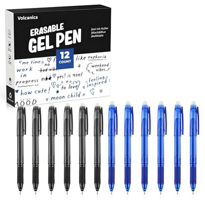 Volcanics Erasable Gel Pens, 0.7mm Fine Point Gel Erasable Ink Pens with Eraser - Rocket Book Pens, Soft Black and Blue, 12 Pack, Smooth Writing Pens Pencil-Like Precision for Home School & Office - color: Black and Blue, size: 1 Count (Pack of 12)