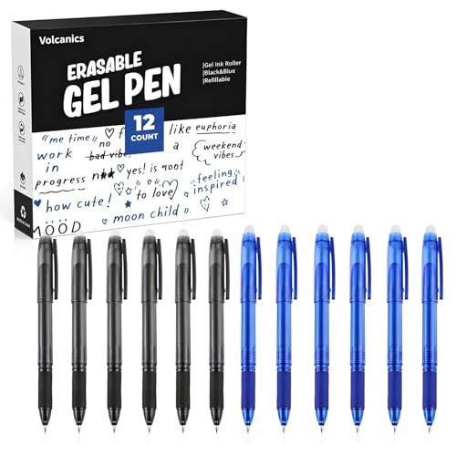 Volcanics Erasable Gel Pens, 0.7mm Fine Point Gel Erasable Ink Pens with Eraser - Rocket Book Pens, Soft Black and Blue, 12 Pack, Smooth Writing Pens Pencil-Like Precision for Home School & Office - color: Black and Blue, size: 1 Count (Pack of 12)