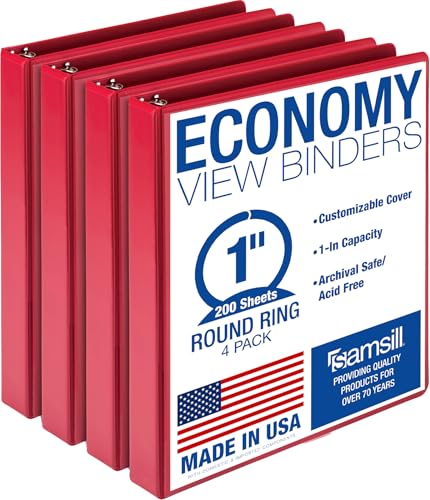 Samsill 1 Inch 3 Ring Binders, Economy Round Ring, Clear View Cover, 200 Sheet Capacity - for School, Home, Office - Red, 4 Pack - color: Red, size: 4-Pack, style: 1-Inch
