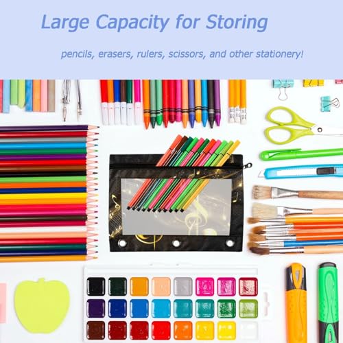 Studying 2 Pack Golden Music Notes Black 3 Ring Binder Pencil Pouch Bags,Clear Window Zipper Storage Case for Boys Girls School Office Supplies Cosmetics Organizers - color: Multi-note