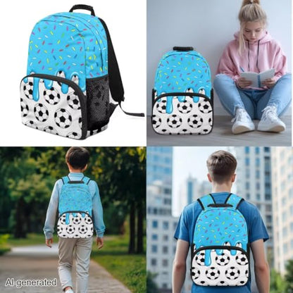 Ice Cream Soccer Ball 3PCS Backpacks for Boys Girls, Lightweight 3 in 1 School Bag with Insulated Lunch Box Pencil Case for Middle High School Students - color: Ice Cream Soccer Ball