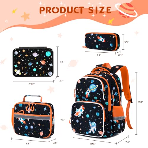Kids Backpack for Boys 4-8, Cute 3D Embroidered Space Toddler Backpack with 34oz Lunch Box, Insulated Bag, Pen Case & Utensils, School Bookbag for Preschool Kindergarten Elementary Student - color: Space