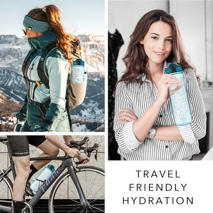 Hyeta Water Bottle with Straw & Time Marker, Plastic 32oz Leakproof | Motivational Tritan BPA Free Gym Office Outdoor Intake Tracker Hourly Reminder Straw Lid Carry Strap - color: Clear Cerulean