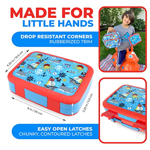 Bento Box with Insulated Lunch Bag, Ice Pack & Water Bottle Set for Kids - 5 Compartments Removable Tray Lunches or Snack Container Boys Toddlers Daycare Pre-School, Blue Pirates - color: Blue Pirate Set