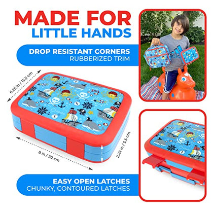 Bento Box with Insulated Lunch Bag, Ice Pack & Water Bottle Set for Kids - 5 Compartments Removable Tray Lunches or Snack Container Boys Toddlers Daycare Pre-School, Blue Pirates - color: Blue Pirate Set
