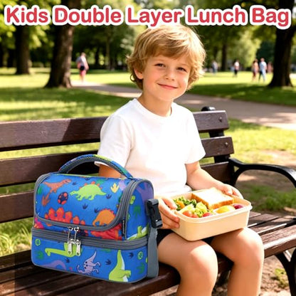 FlowFly Kids Double Decker Cooler Insulated Lunch Bag Large Tote for Boys, Girls, Men, Women, With Adjustable Strap, Dinosaur - color: Dinosaur