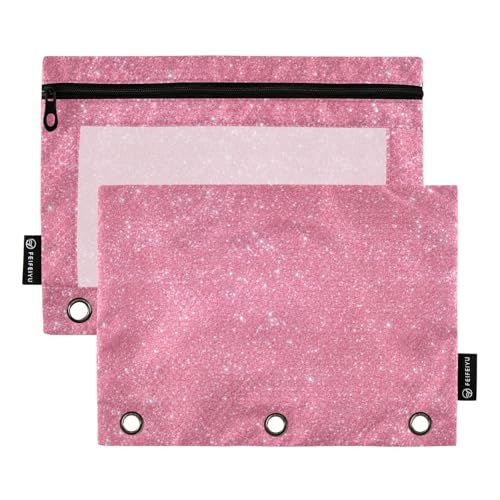 Binder Pouches 3 Ring for Boys Girls Glittery Pink Sparkling Zipper Pencil Pouches Case Bag with Clear Window School College Office Supplies 2 Pack - color: Pink Sparkling