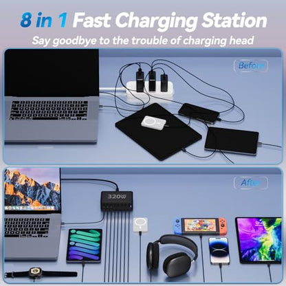 320W USB C Charging Station, 8-Port GaN III Desktop Charger Block, 100W PD Fast Laptop Power Adapter Hub with 5FT Cable for Multiple Devices, Compatible with MacBook Pro/Air, iPhone 17/16, iPad, Dell