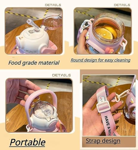LEJN 28 oz Water Bottle Kawaii with Adjustable Shoulder Strap for Summer Cold Water Chill Portable Leakproof BPA-free Cartoon Children Cup Traveling Hiking Camping (Brown820ml) - color: Brown820ml