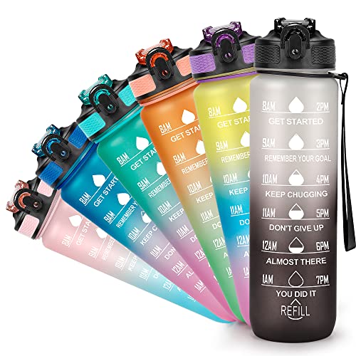 YC Kitchen Motivational Water Bottle with Time Marker - 32oz, Leak-proof BPA Free Sports Water Bottles with Straw & Carrying Strap - color: Black Gradient, size: 32 Ounces