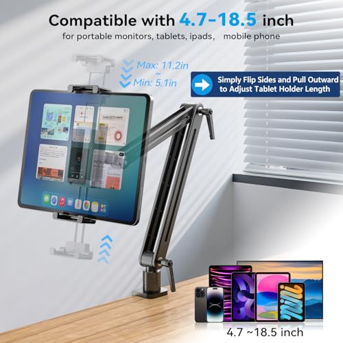 Jakeko Adjustable Portable Monitor Stand 15.6" - 360° Rotating Base Tall Tablet Desk Arm Holder Stand for iPad Air/Pro/Mini Swivel Flexible Clamp Mount Soporte para Tablet/Monitor Portatil/Ereader - size: up to 18.5"