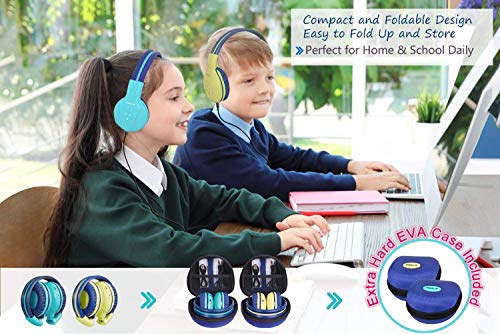 SIMOLIO 2 Pack Wireless Kids Headphones with Share Port, Bluetooth 6.0 w/Mic for Toddler Teens, 75/85/94dB Volume Limit, Foldable Stero Headsets w/Travel Case for School iPad Tablet, USB C Charging - color: Mint & Yellow