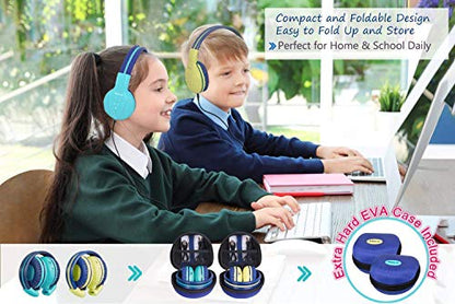 SIMOLIO 2 Pack Wireless Kids Headphones with Share Port, Bluetooth 6.0 w/Mic for Toddler Teens, 75/85/94dB Volume Limit, Foldable Stero Headsets w/Travel Case for School iPad Tablet, USB C Charging - color: Mint & Yellow