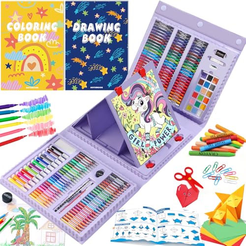 All in One Art Supplies with Drawing Kit, Origami & Paper-Cutting Crafts | Art Set with Easel, Colored Pencils, Crayons, Drawing & Coloring Book, Watercolor Markers and More for Kids Teens Girls Boys - color: Purple