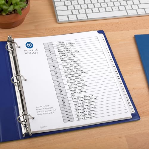 Avery 1-31 Dividers for 3 Ring Binders, 31 Tabs per Set, Customizable Table of Contents, Classic White Tabs, Great for Organizing Reports, Projects, and More (11128) (Pack of 12) - size: One Size (Pack of 12), style: 1 Set