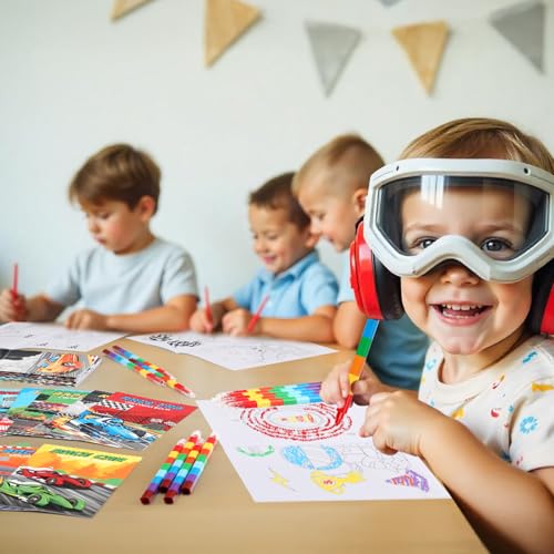 BenLouis 24 Race Car Mini Coloring Books Kids with 24 Stacking Crayons Racing Theme Party Favors Activity Books Bulk for Kids Fast Racecar Wheel Birthday Goodie Bag Gift Stuffer Classroom Reward - style: Racecar