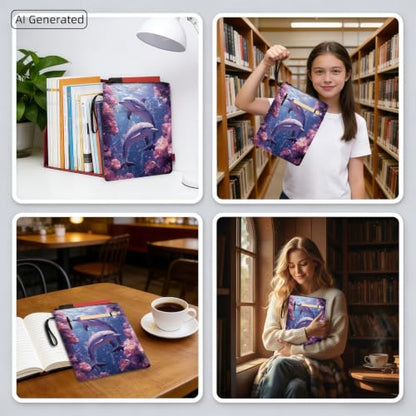 Padded Book Sleeve with Zipper & Front Pocket, Fabric Book Cover | Pink Purple Ocean Dolphins11.4"x8.7" Washable Canvas Pouch for Hardcovers, Tablets & Reading Accessories - color: Pink Purple Ocean Dolphins