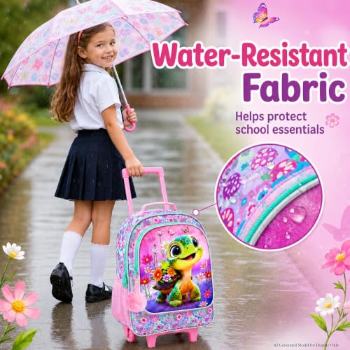 gxtvo Girls Rolling Backpack, Cute Turtle Roller Wheels Kids Bookbag - Wheeled Elementary School Bag - 3PCS Turtle - color: Uv Printing Flower Turtle Rolling Backpack