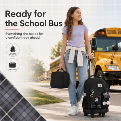 AGSDON Rolling Backpack for Girls, 21" Women Roller Wheels Bookbag, Laptop Wheeled Suitcase School Backpacks with Lunch Bag for Teens - color: Square Black