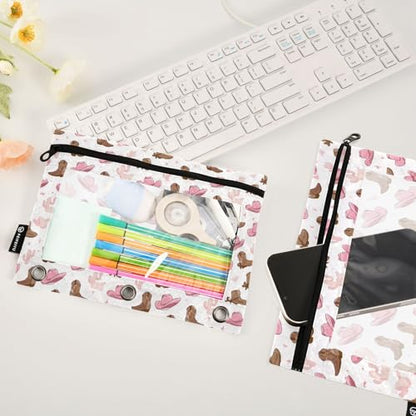 Pink Cowgirl Hats Binder Pencil Pouches, Pencil Case with Clear Window 3 Rings Pen Case Holder School Office Supplies Cosmetic Makeup Bag 2 Pack - color: Multicolored-1