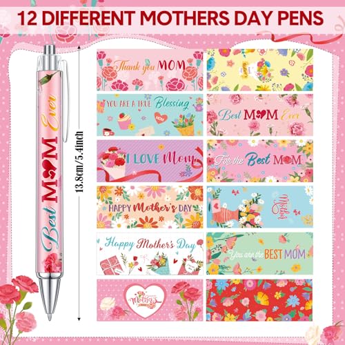 Cholemy 48 Pcs Mother's Day Ballpoint Pens Bulk Flower Happy Mother's Day Writing Pens Best Mom Ever Black Gel Ink for Women Mom Birthday Gifts Office Party Supplies Favors - style: Mother's Day
