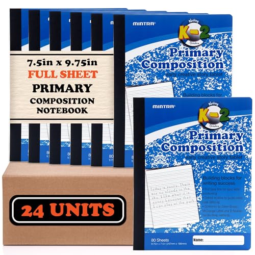 Mintra Primary Composition Notebook, 24 units 6-4 Pack, Blue Cover, 80 Sheets, 7.5in x 9.75in, Full Sheet, Ruled with Drawing Area, Flexible Hardcover Journal, Grades K-2, School & Home Use - color: Primary Ruled - Blue Only - Full Sheet, size: 24 units (