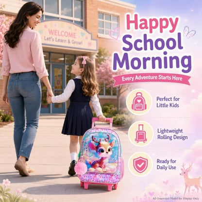AGSDON 3PCS Kids Rolling Backpack, Girls Roller Wheels Bookbag, Wheeled Elementary School Bag with Lunch Bag - Deer - color: Baiyun Deer Roller