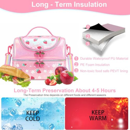 RHCPFOVR Kids Lunch Bag - Double Decker Cooler Insulated Lunch Box for Girls,Washable Lunch Bag and Reusable Toddler Lunchbox for School and Daycare - color: Strawberry