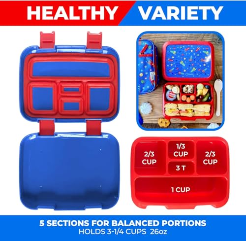 kinsho Bento Lunch Boxes for Boys Toddlers, 5 Portion Sections Secure Lid, Snack Container, Microwave Safe BPA Free Removable Plastic Tray, Pre-School Kid Daycare Lunches, 2 Pack Dinosaur + Rocket - color: Blue Orange & Red