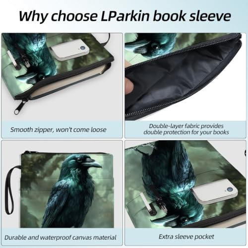 Padded Book Sleeve with Zipper & Front Pocket, Fabric Book Cover | Gothic Raven Crow Key11.4"x8.7" Washable Canvas Pouch for Hardcovers, Tablets & Reading Accessories - color: Gothic Raven Crow Key