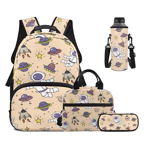 Boys Cartoon Astronaut Print 4 in 1 Backpack Set - 17 Inch Kids Elementary School Bookbag with Insulated Lunch Box, Pencil Case & Water Bottle Holder - color: Cartoon Astronaut