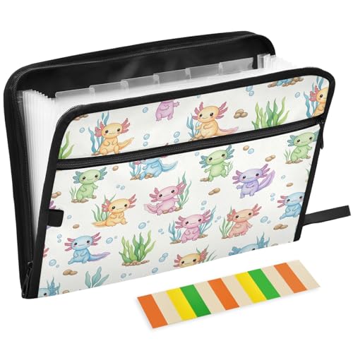 Gredecor 13 Pockets File Folder Organizer A4/Letter Water Resistant Watercolor Cute Axolotl Characters Document Bag with Zipper Filing Folder Expanding File Pouch Storage for School Office - color: Multi3
